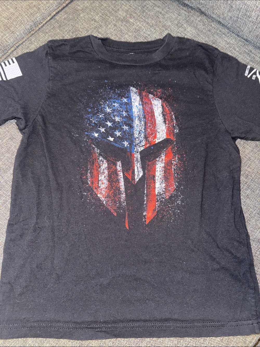 Boy’s Black Graphic T‑Shirt with American Flag Spartan Helmet